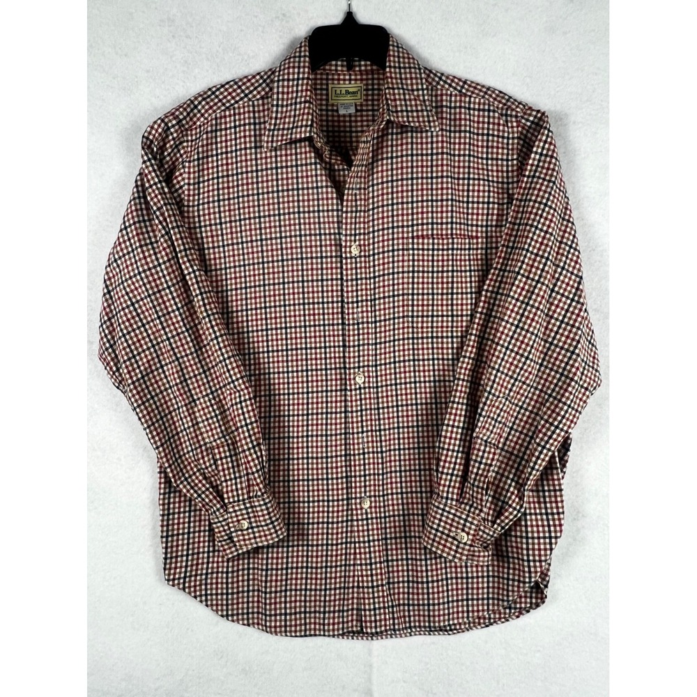 Vintage LL Bean Mens Large Red Navy Tattersall Check Button Down Made in USA - Picture 2 of 6